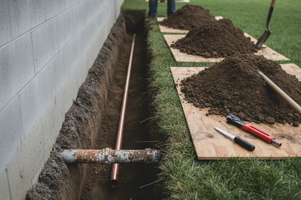 Excavated water line trench during Water Heater Repair in East Greenville
